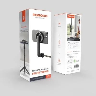 Porodo Magnetic Selfie Stick 64.5Cm Extendable With 3 Leg Tripod And Remote Control - Black